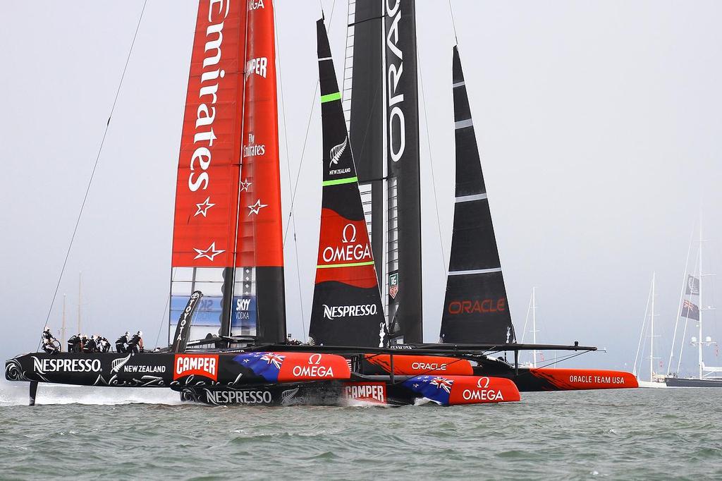 Oracle Team USA v Emirates Team New Zealand. America’s Cup Day 2, San Francisco. Emirates Team NZ at the start of Race 3, with Oracle Team USA visible to leeward © Richard Gladwell www.photosport.co.nz
